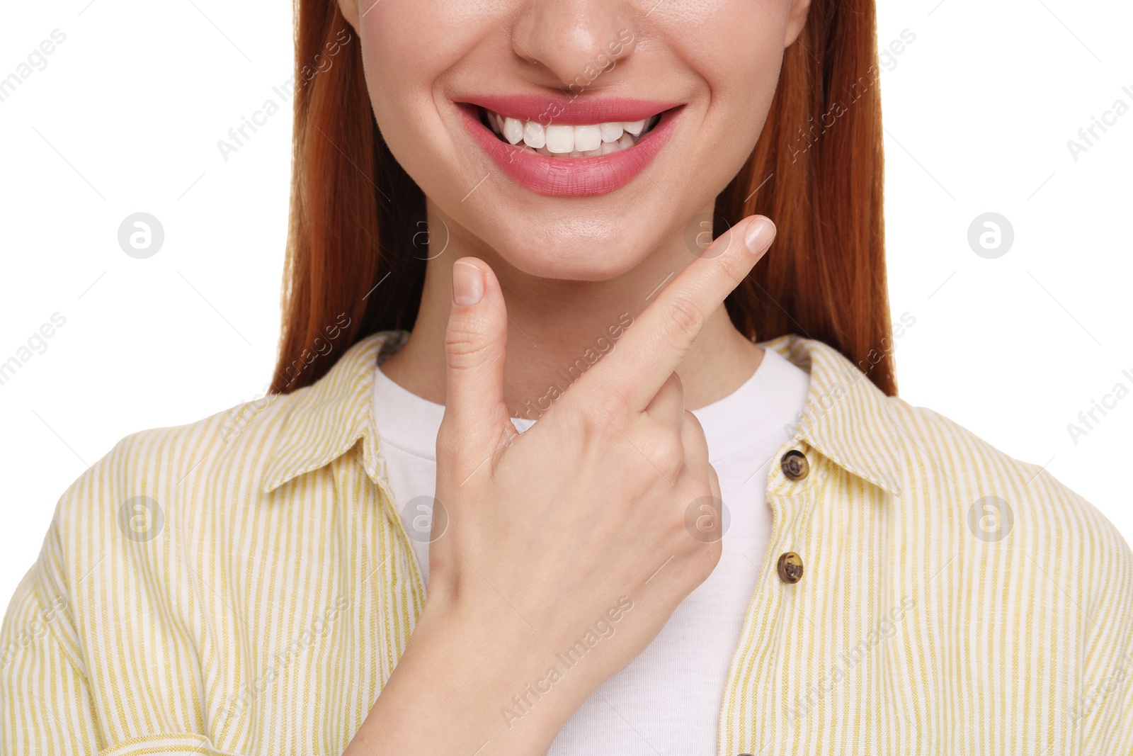 Photo of Woman with clean teeth smiling on white background, closeup