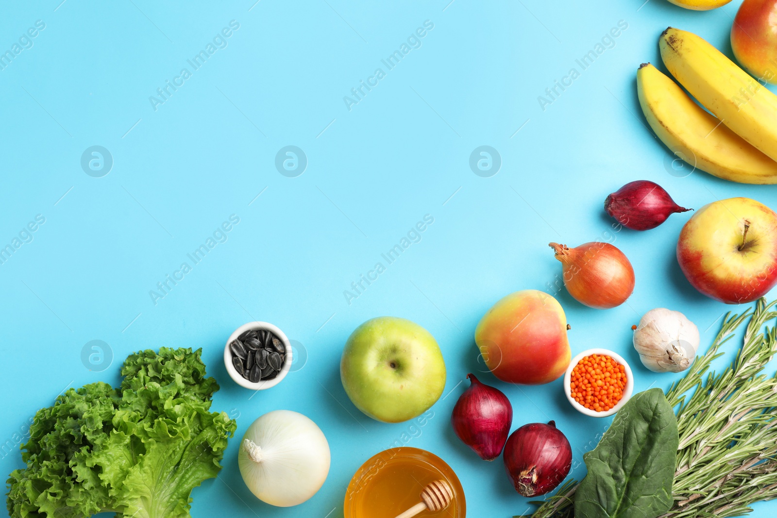 Photo of Flat lay composition with natural products and space for text on color background. Home remedies for asthma