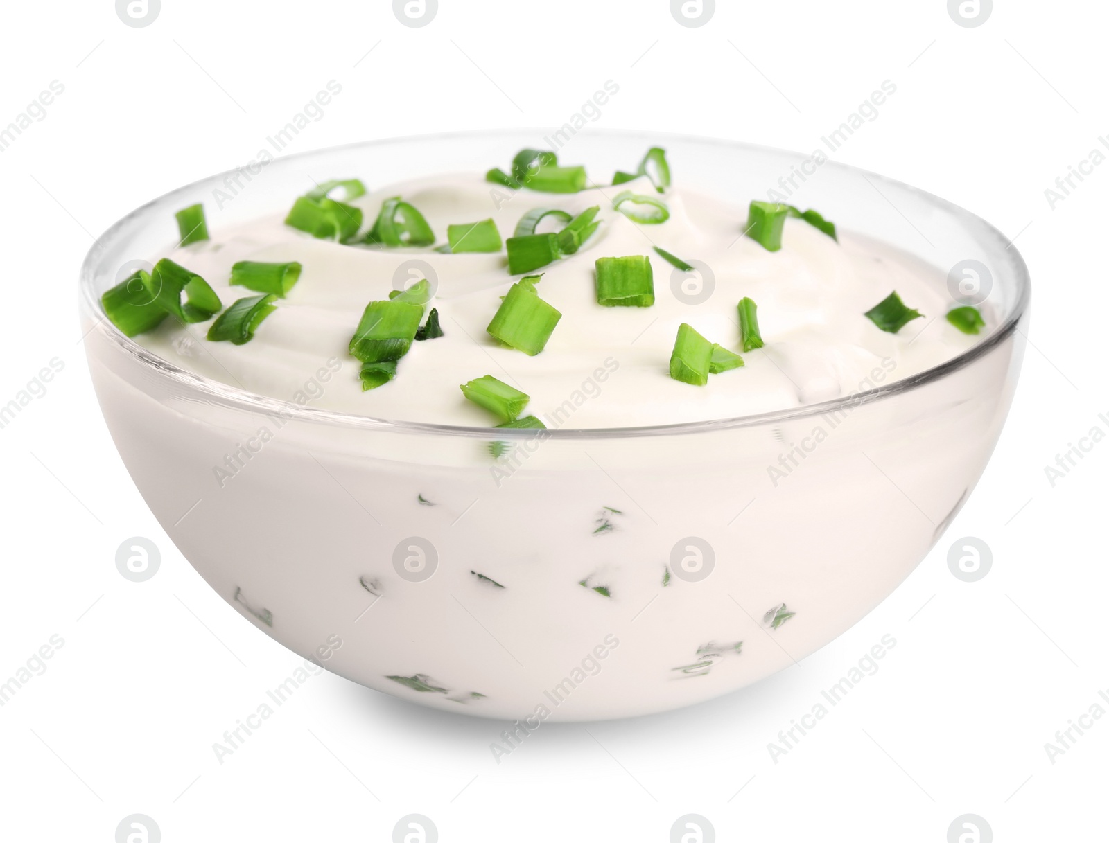 Photo of Fresh sour cream with onion on white background