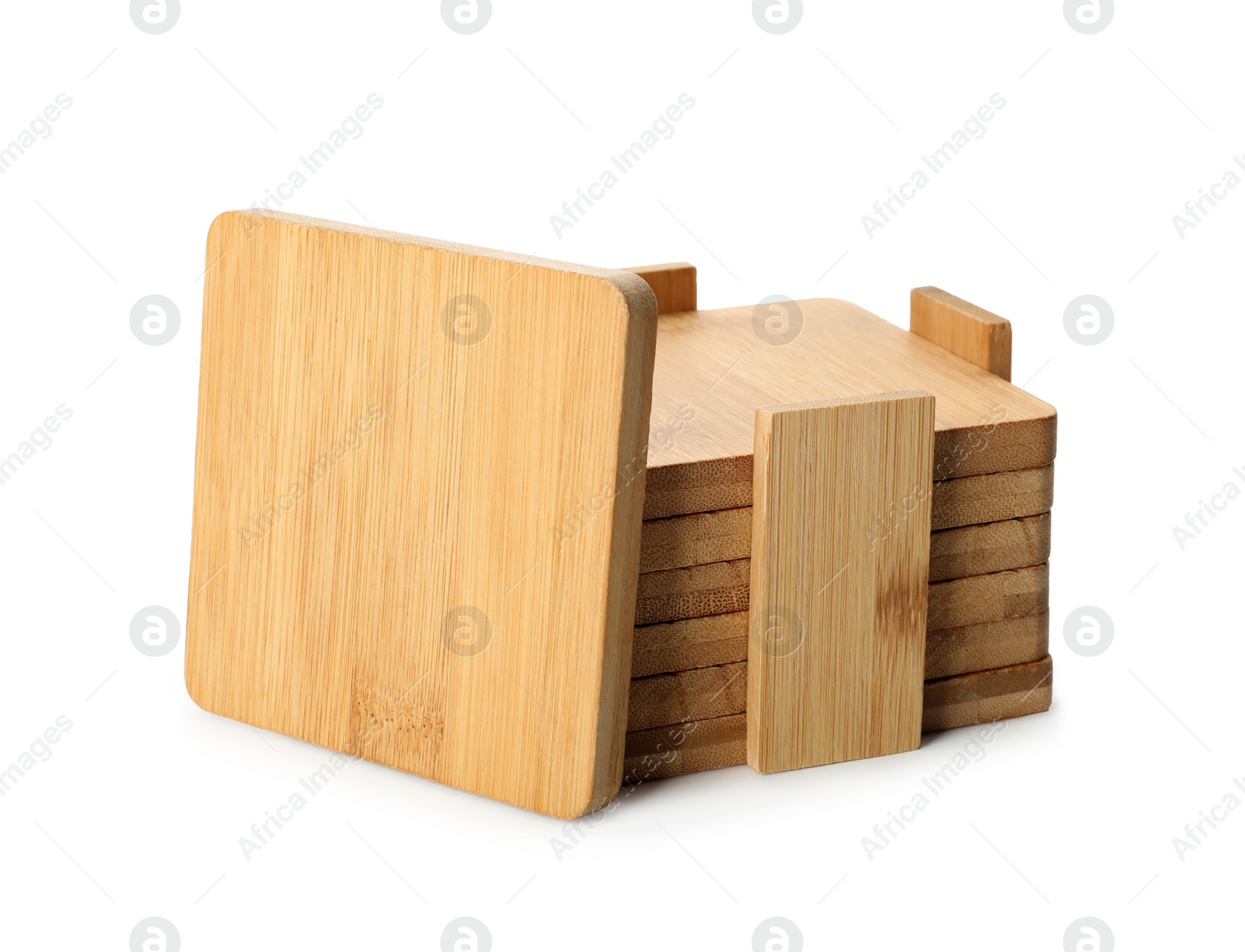 Photo of Stylish wooden cup coasters and holder on white background