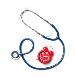 Stethoscope and red alarm clock for checking pulse on white background, top view