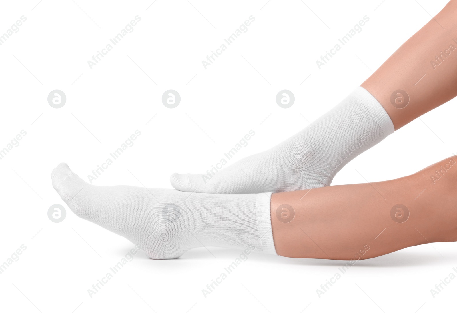 Photo of Woman in stylish socks on white background, closeup