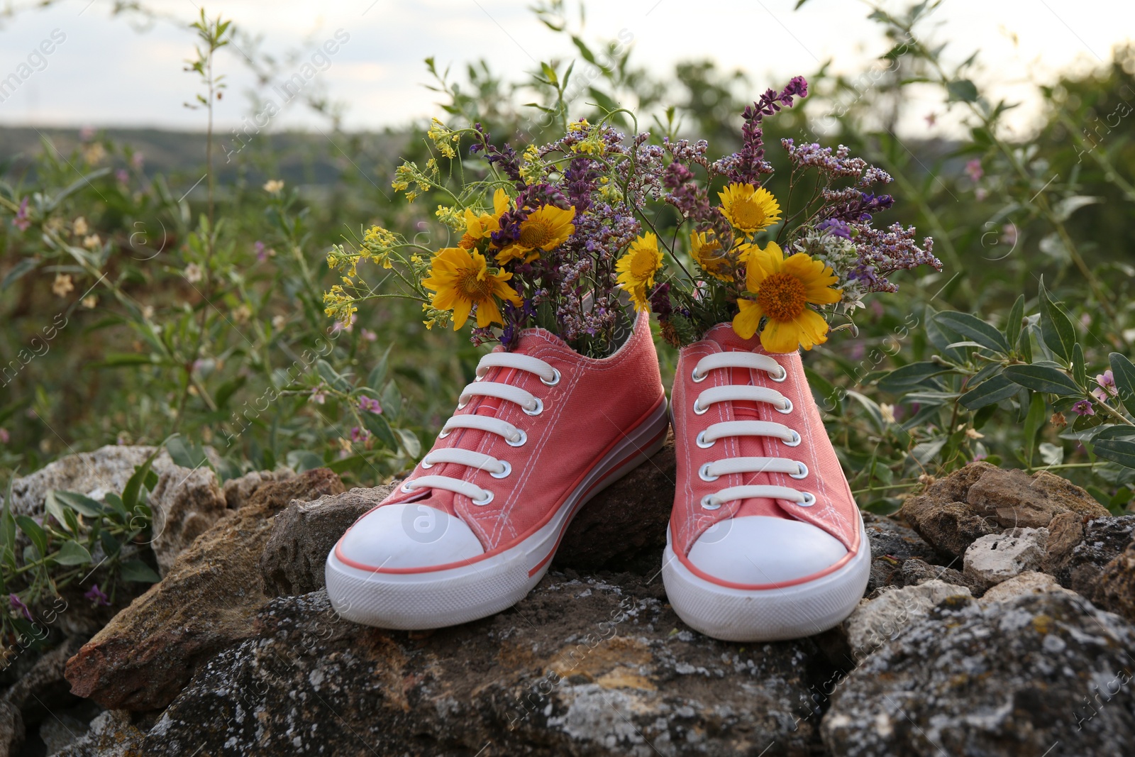 Photo of Shoes with beautiful flowers on stones outdoors