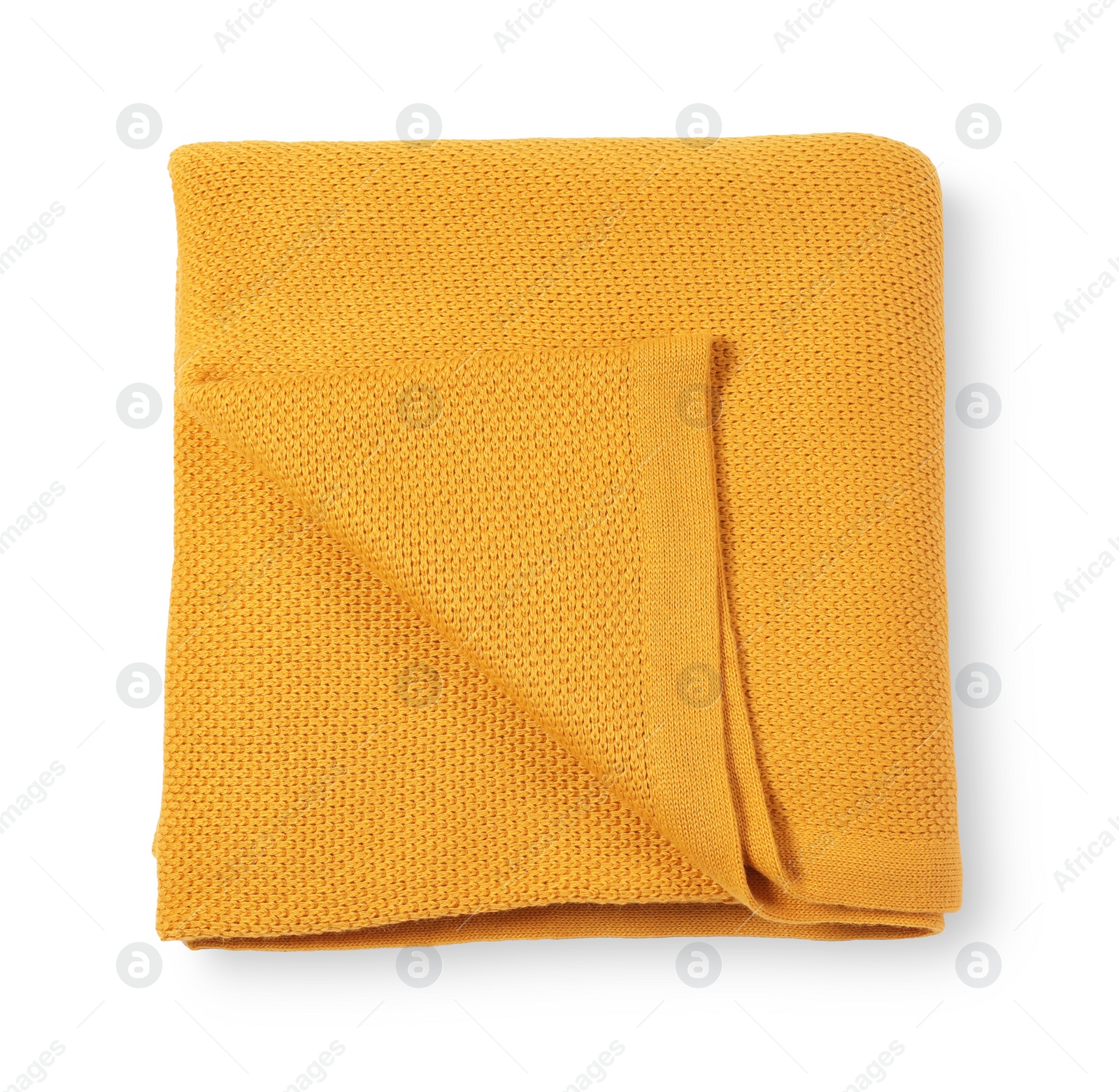 Photo of Beautiful yellow knitted blanket isolated on white, top view