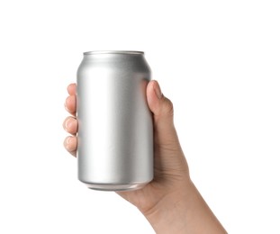 Photo of Woman holding aluminum can on white background, closeup