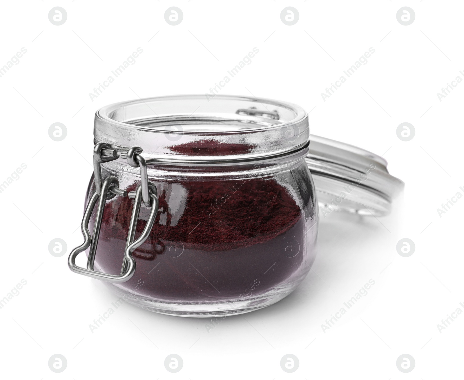 Photo of Jar with acai powder on white background