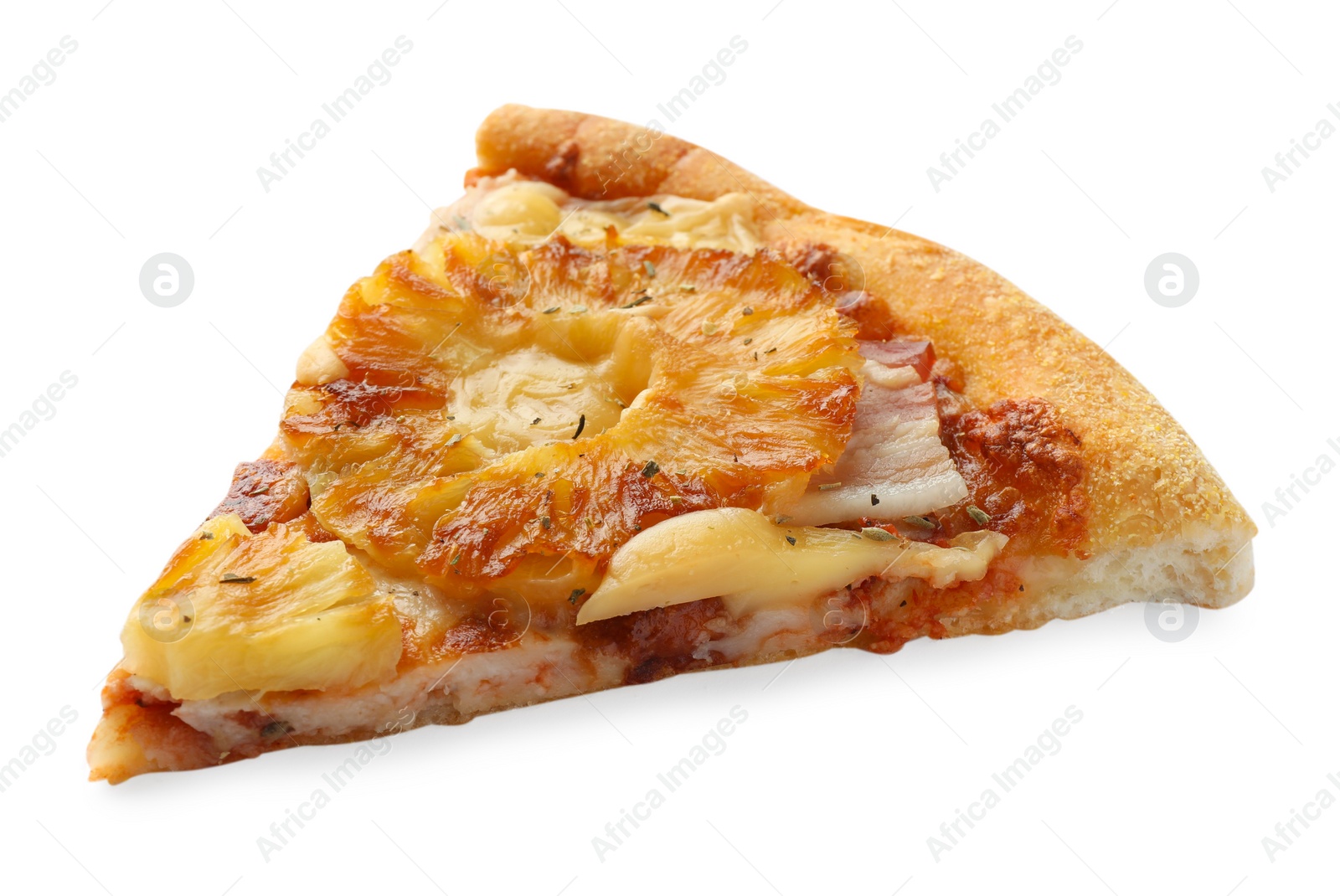 Photo of Piece of delicious pineapple pizza isolated on white