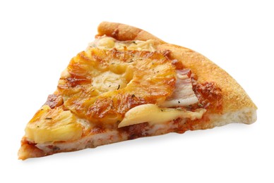 Photo of Piece of delicious pineapple pizza isolated on white