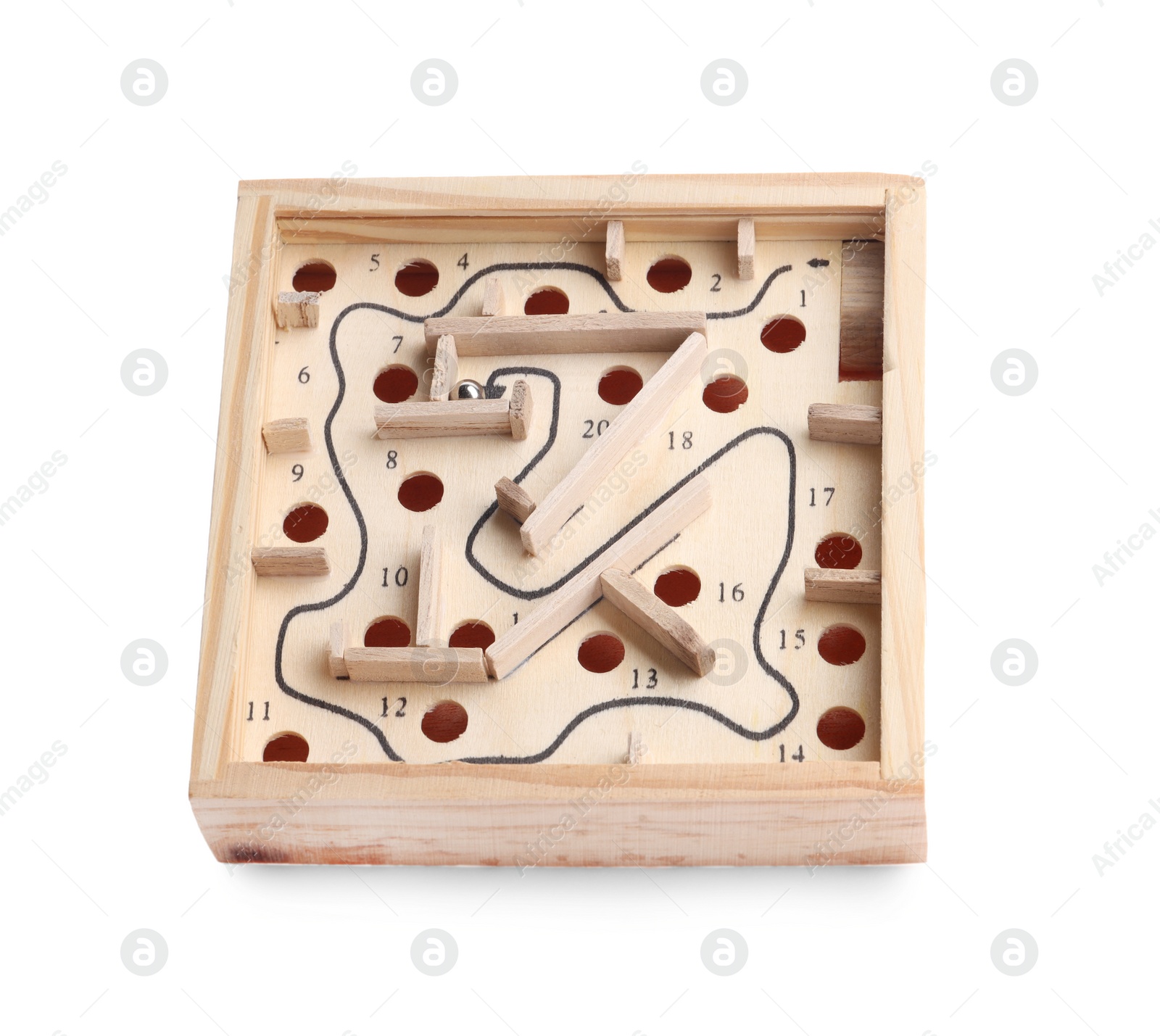 Photo of Wooden toy maze with metal ball isolated on white
