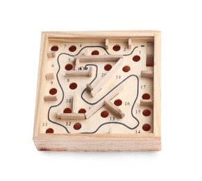 Wooden toy maze with metal ball isolated on white