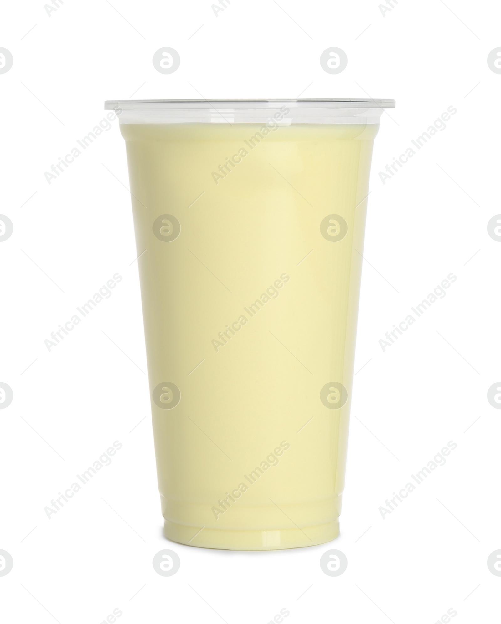 Photo of Plastic cup of tasty smoothie isolated on white