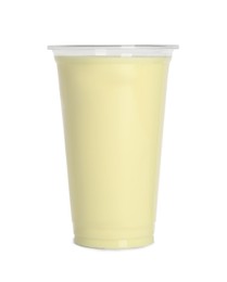 Photo of Plastic cup of tasty smoothie isolated on white