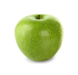 Photo of Fresh juicy green apple with water drops isolated on white