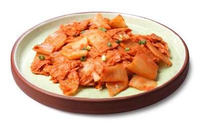 Photo of Plate of delicious kimchi with Chinese cabbage isolated on white