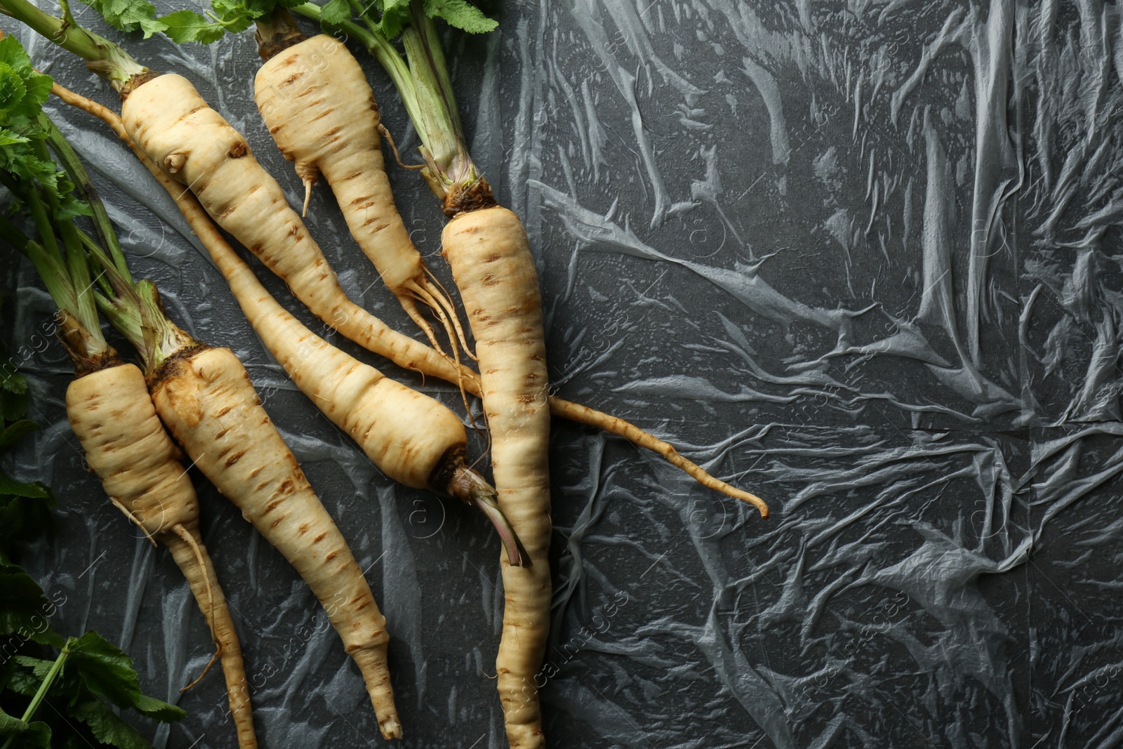 Photo of Delicious fresh ripe parsnips on grey table, flat lay. Space for text