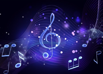 Music notes and treble clef on dark background