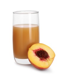 Photo of Glass of delicious peach juice and fresh fruit isolated on white