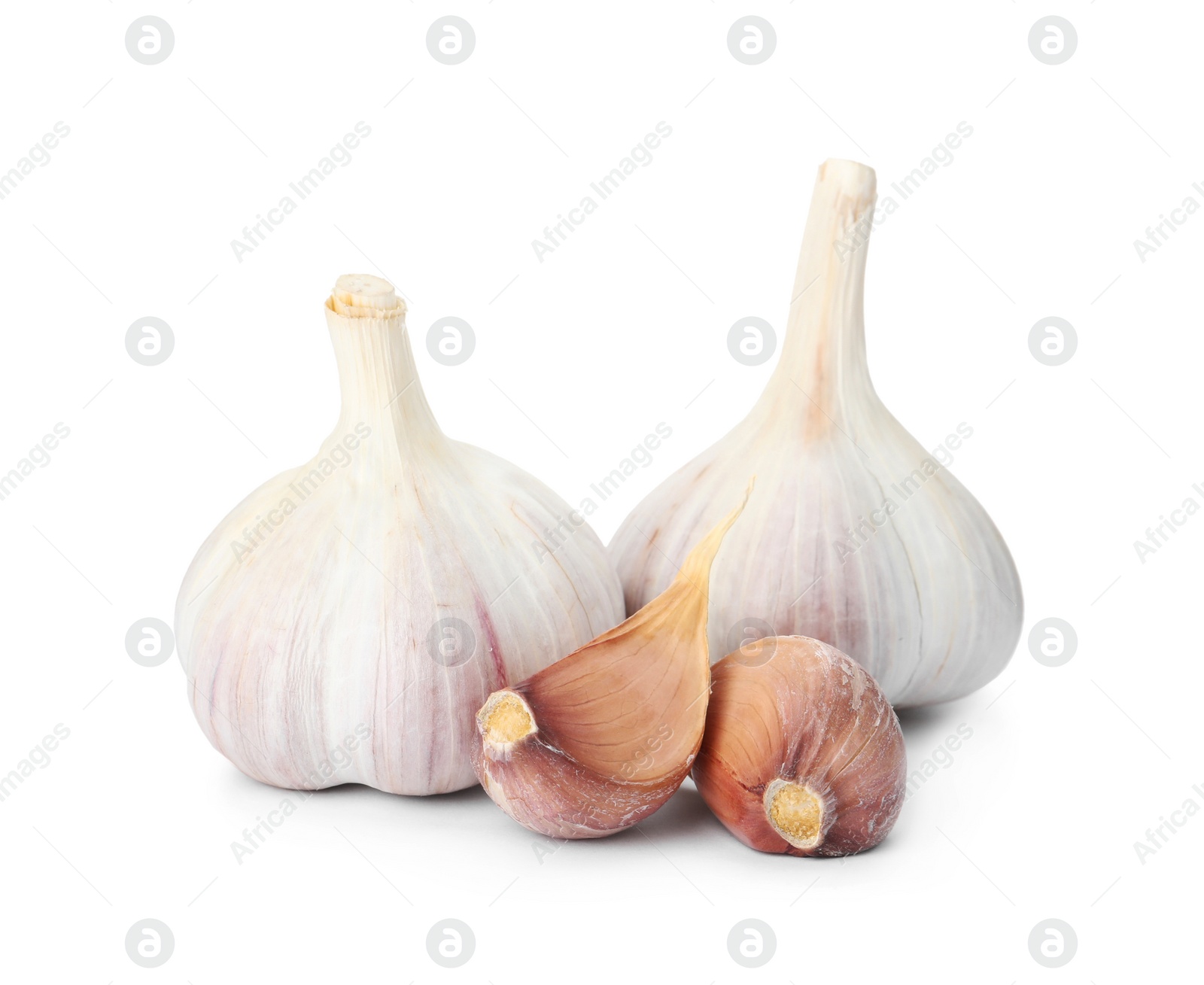 Photo of Fresh organic garlic bulbs and cloves on white background