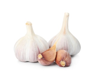 Fresh organic garlic bulbs and cloves on white background