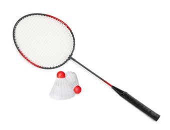 Image of Badminton racket and shuttlecocks on white background. Sports equipment