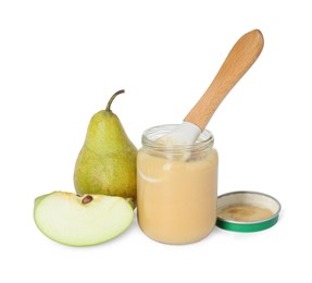 Photo of Tasty baby food in jar, spoon and fresh fruits isolated on white