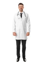 Full length portrait of smiling male doctor isolated on white. Medical staff