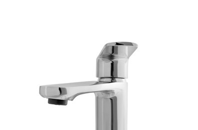 Photo of Single handle water tap on white background, closeup