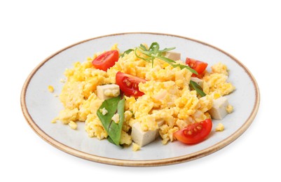 Plate of delicious scrambled eggs with tofu and tomatoes isolated on white