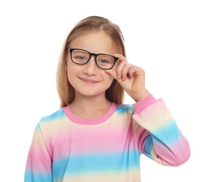 Photo of Portrait of cute girl in glasses on white background