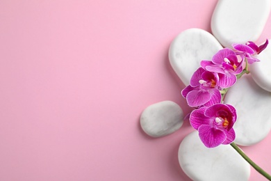 Photo of Orchid with spa stones on pink background, flat lay. Space for text