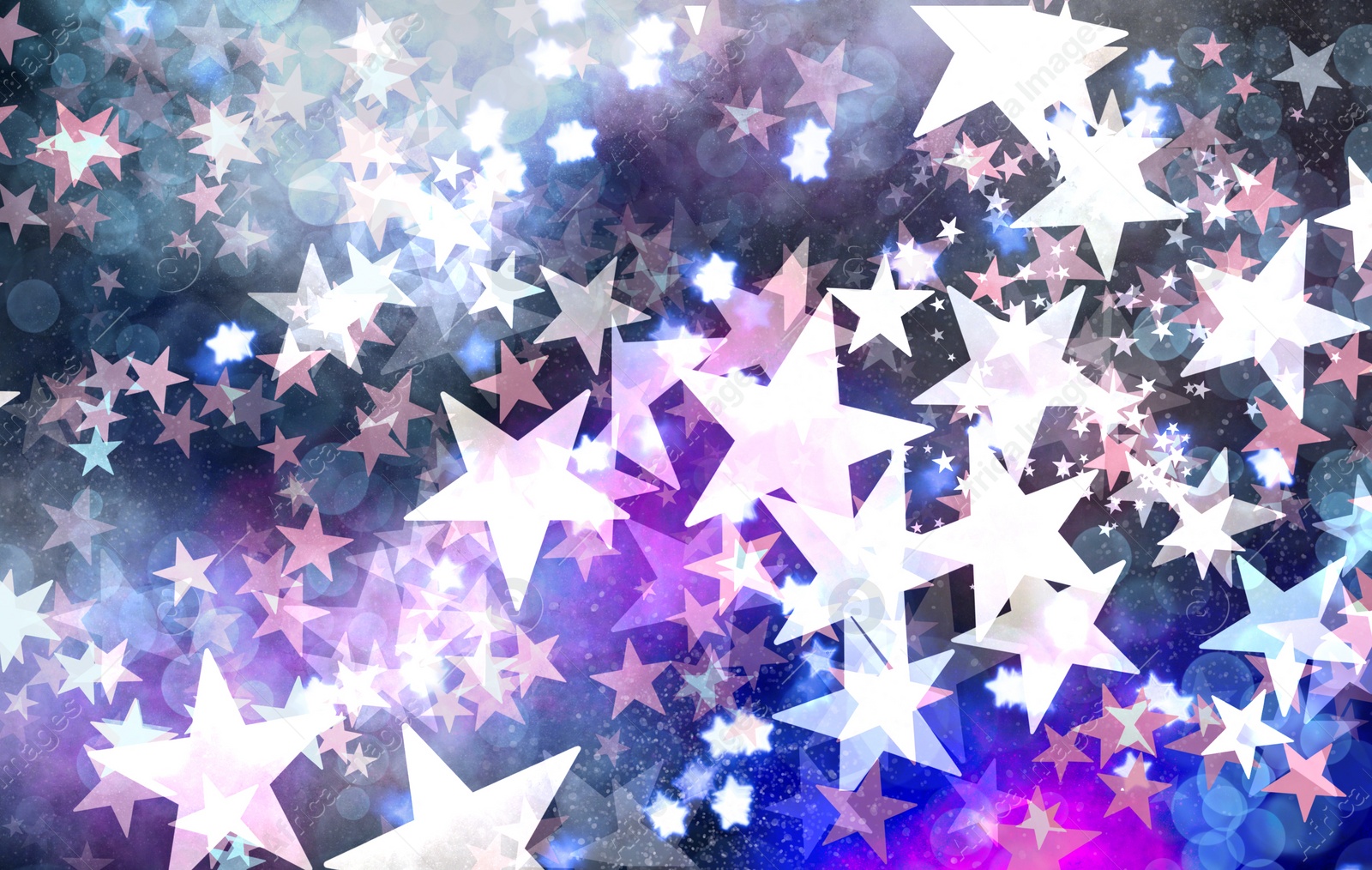 Image of Festive background with many beautiful shimmering stars and blurred lights. Bokeh effect