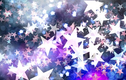 Image of Festive background with many beautiful shimmering stars and blurred lights. Bokeh effect