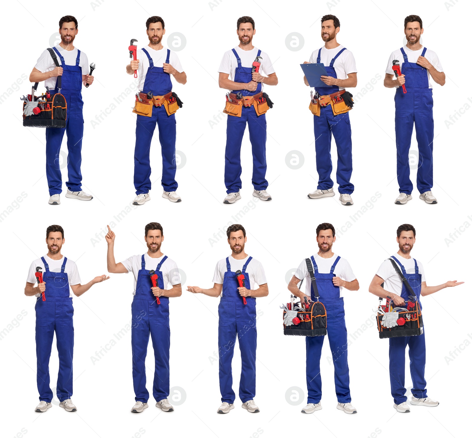 Image of Collage with photos of professional plumber on white background