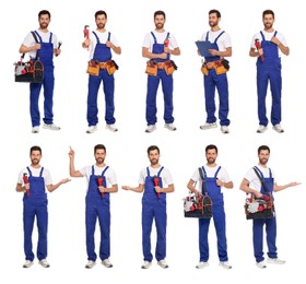 Collage with photos of professional plumber on white background