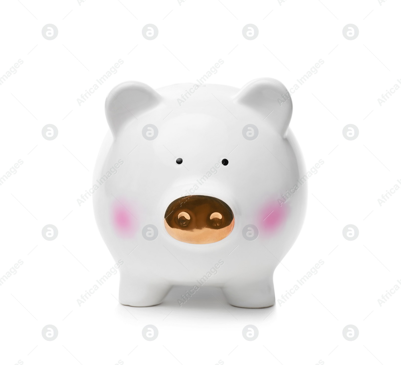 Photo of Cute piggy bank with golden snout on white background