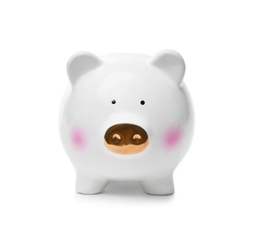 Cute piggy bank with golden snout on white background
