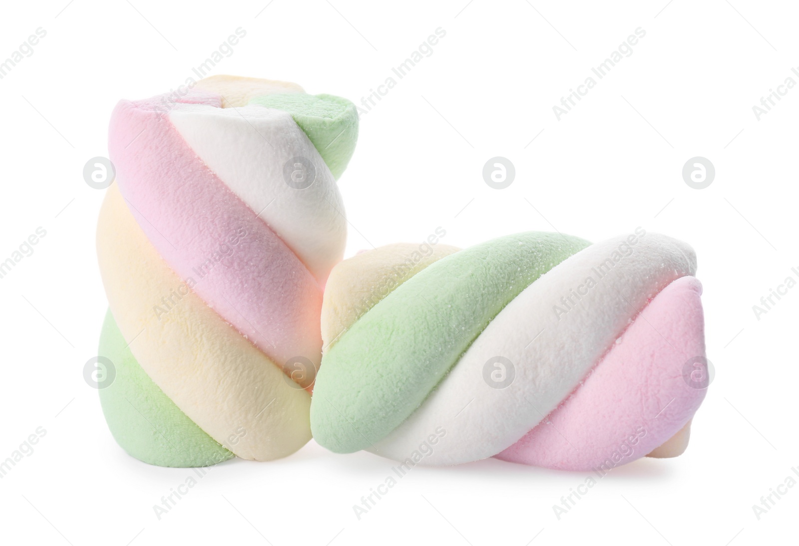 Photo of Two delicious colorful marshmallows on white background