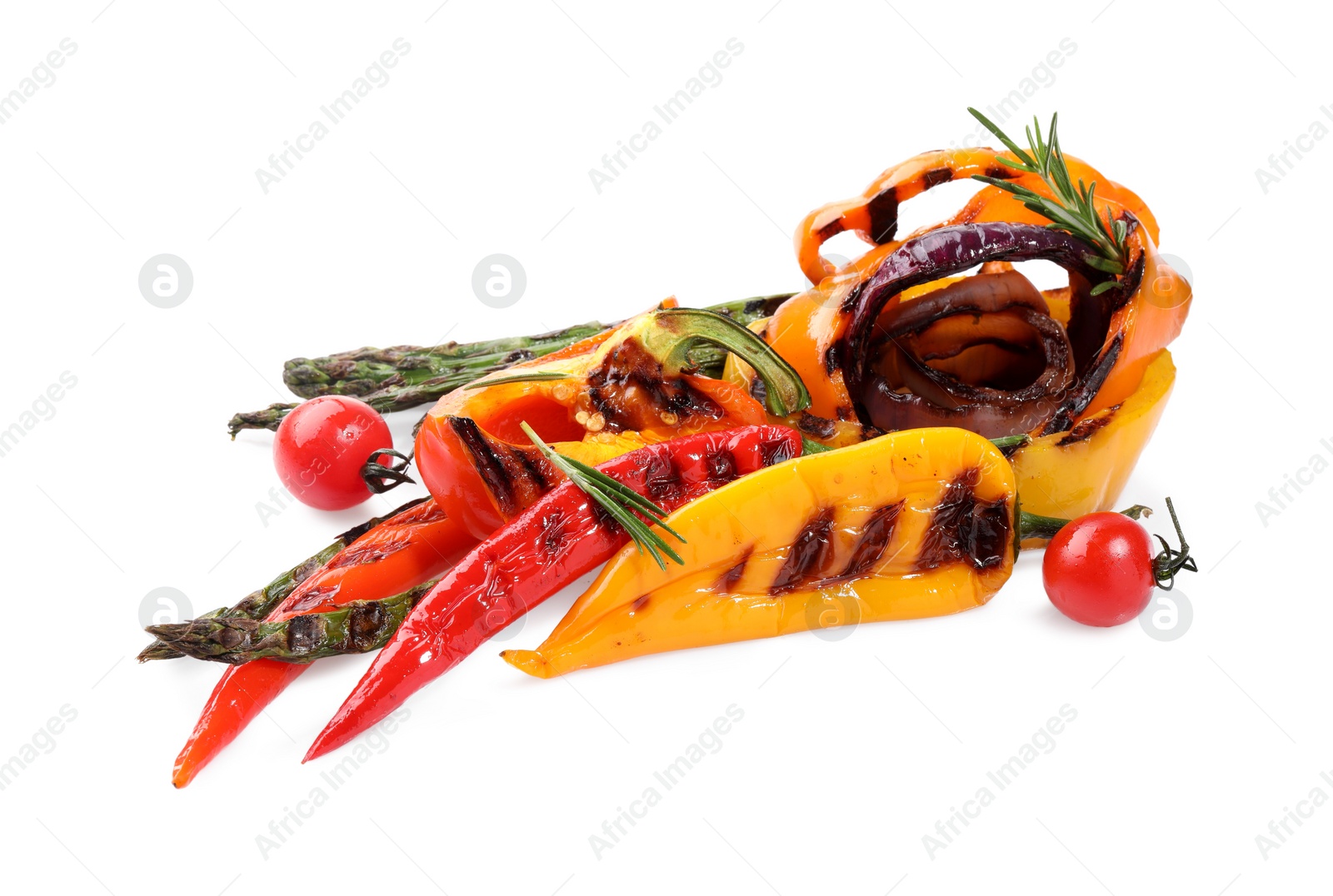 Photo of Different delicious grilled vegetables isolated on white