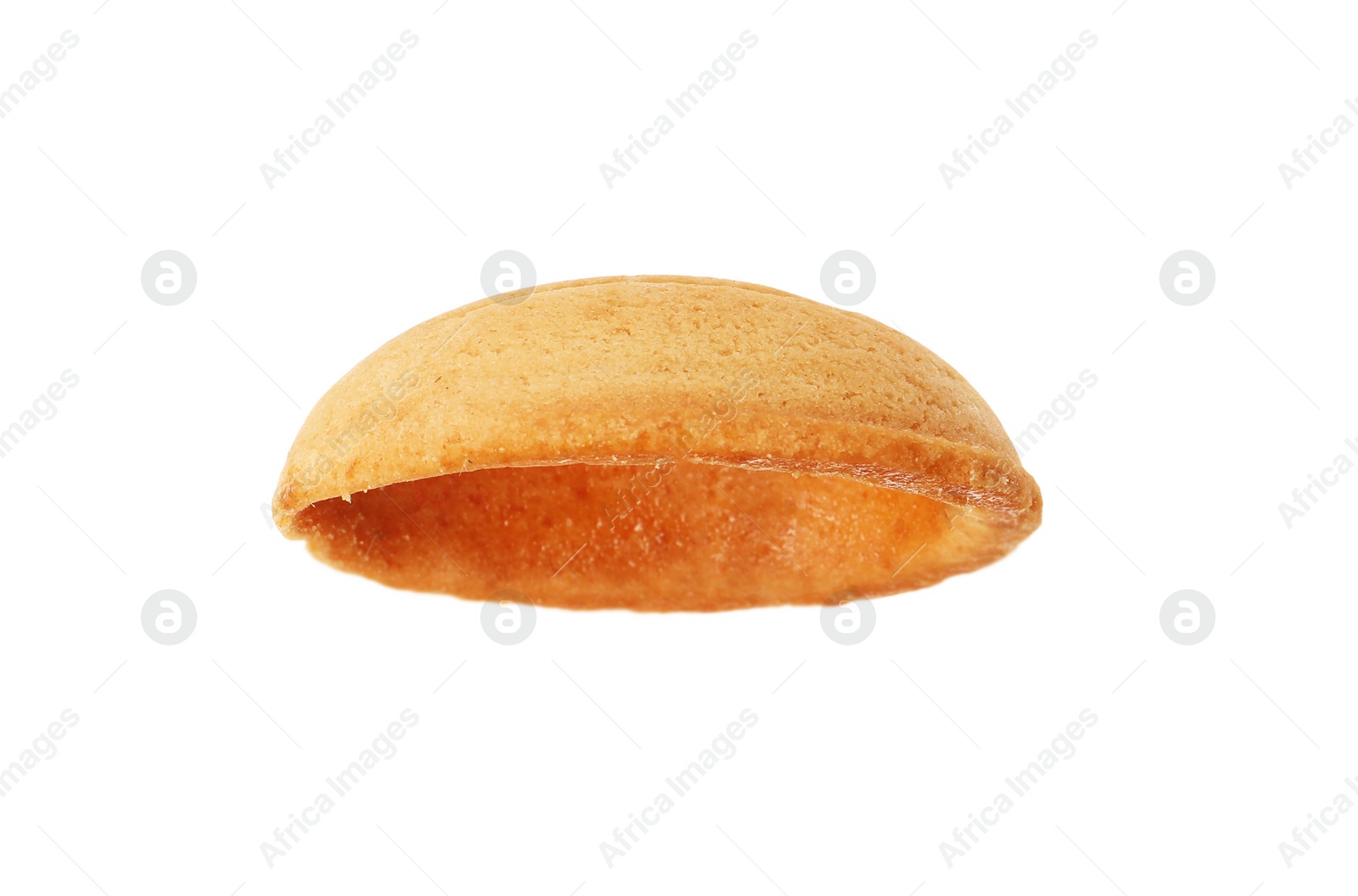 Photo of Half of delicious nut shaped cookie isolated on white