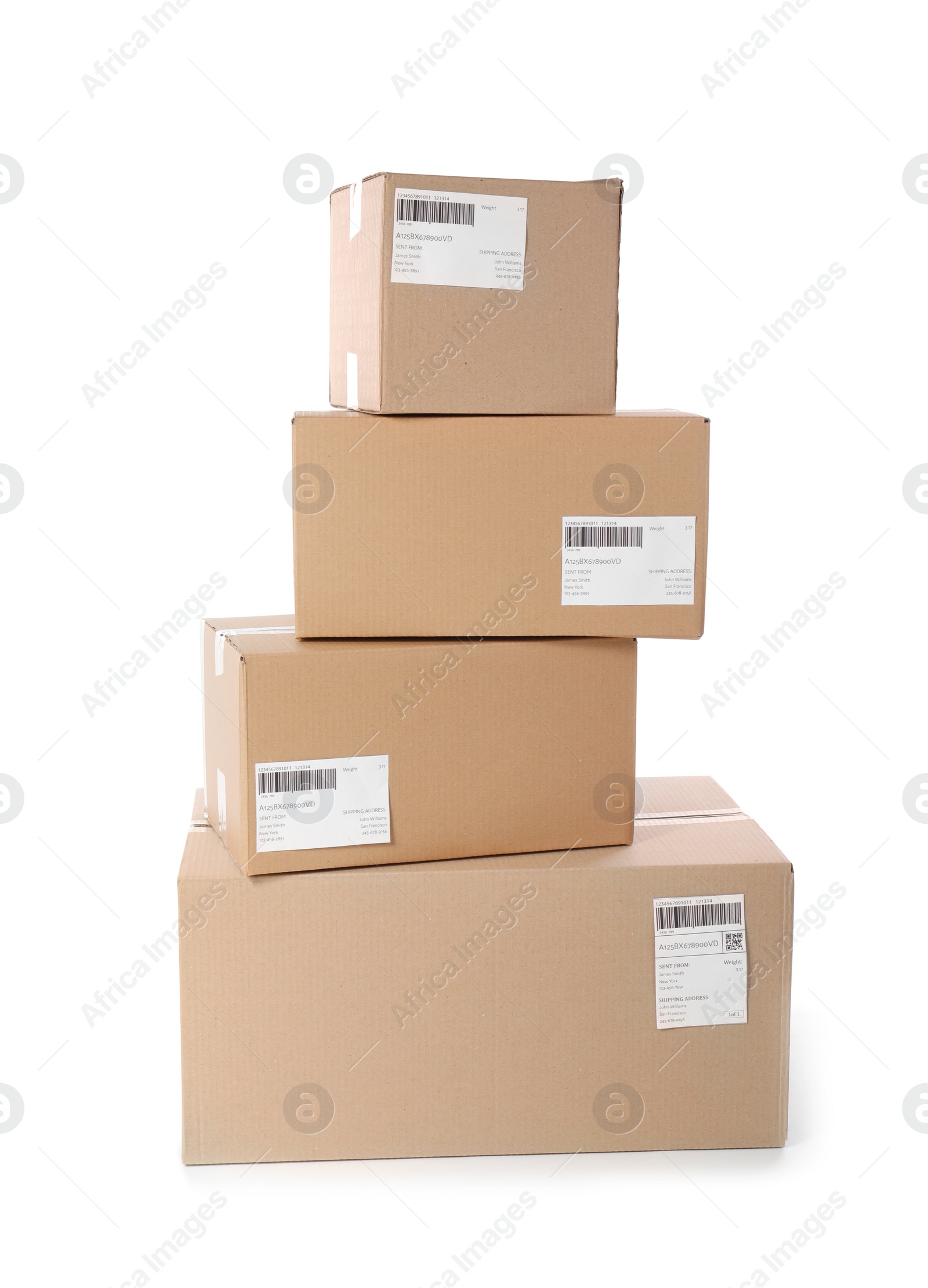 Photo of Cardboard parcel boxes on white background. Mockup for design