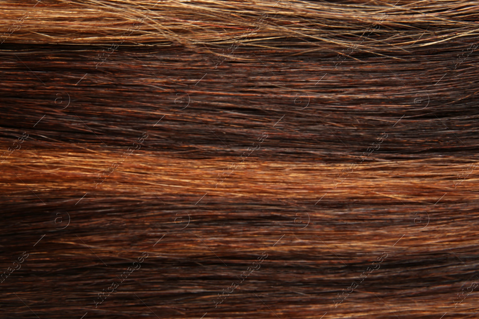 Photo of Strands of different color hair as background, closeup