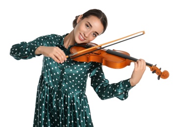Beautiful woman playing violin on white background