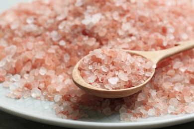 Photo of Pink himalayan salt with spoon on plate, closeup