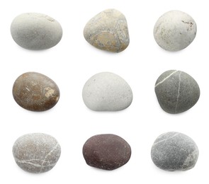 Sea pebbles. Different stones isolated on white, set