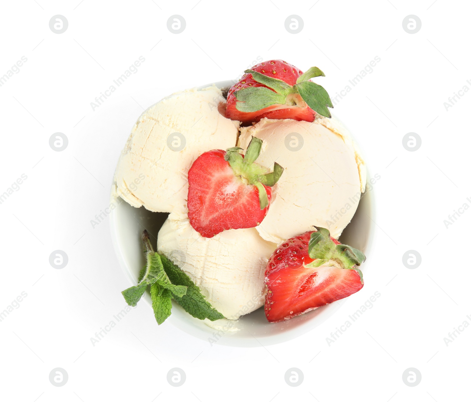 Photo of Delicious vanilla ice cream with strawberries and mint in dessert bowl on white background, top view