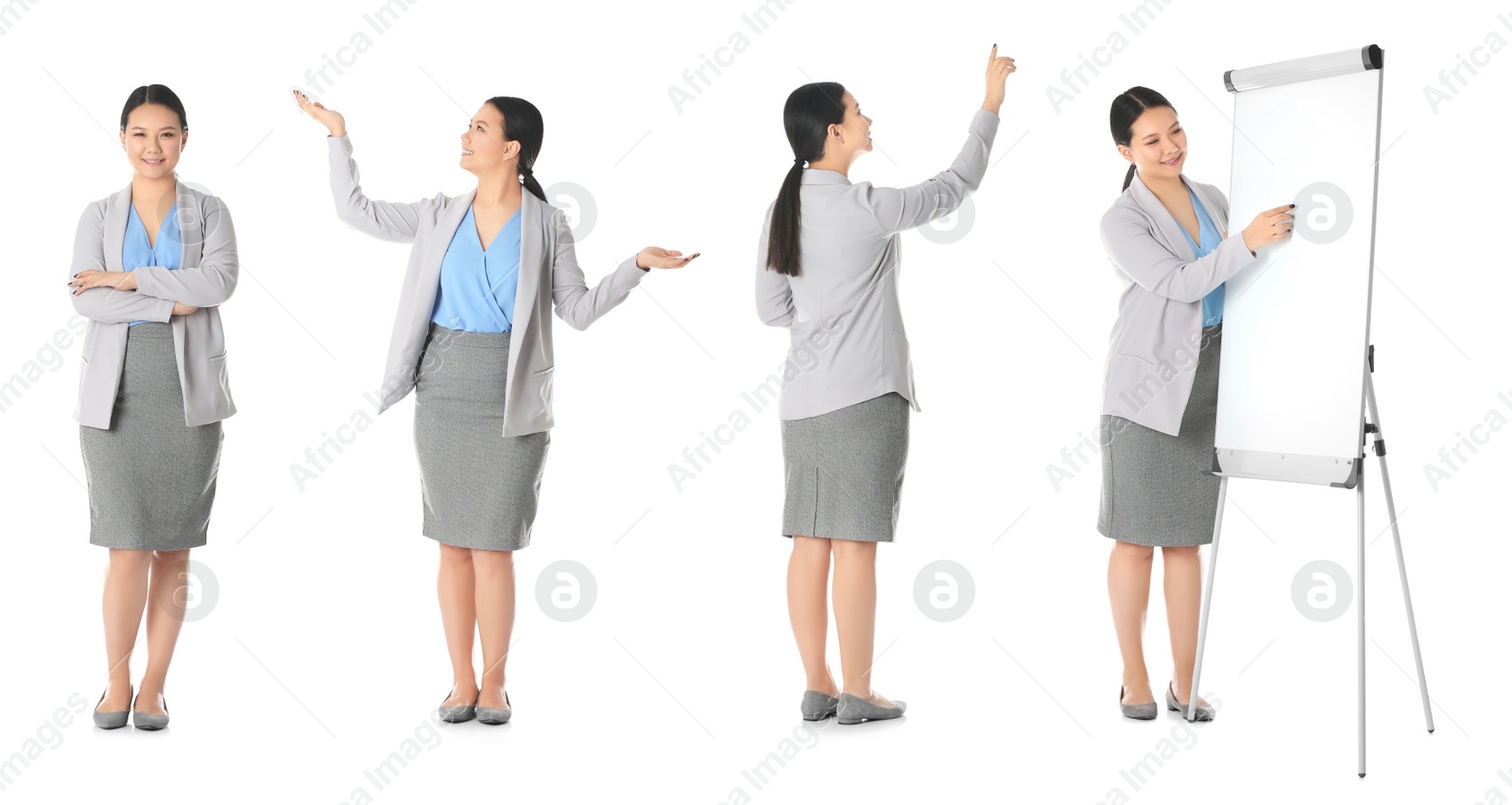 Image of Collage with photos of business trainer on white background, banner design 