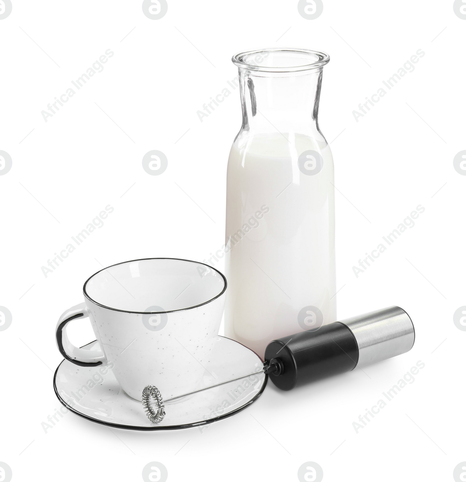 Photo of Mini mixer (milk frother), cup and bottle isolated on white