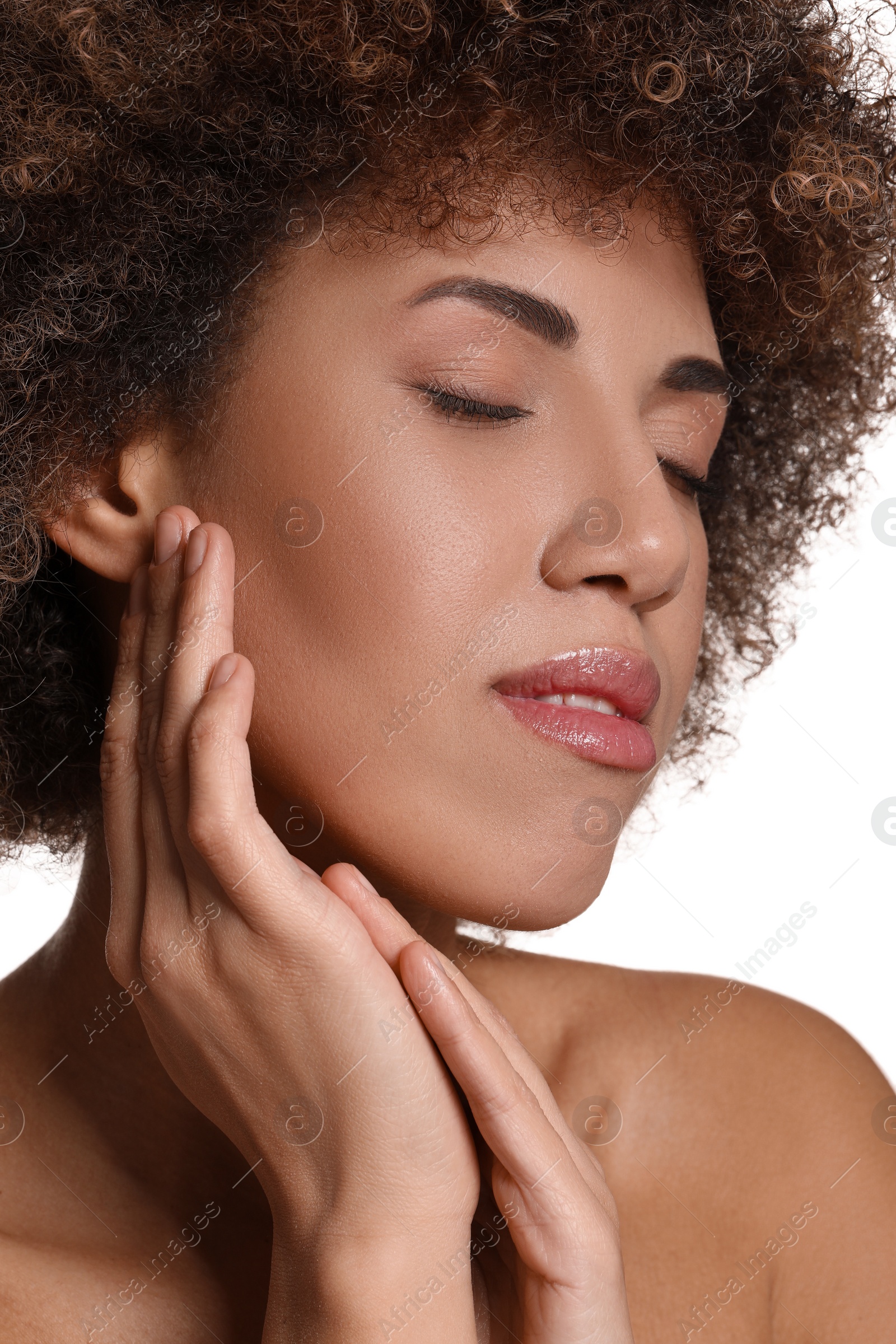 Photo of Beautiful woman with healthy skin on white background, closeup