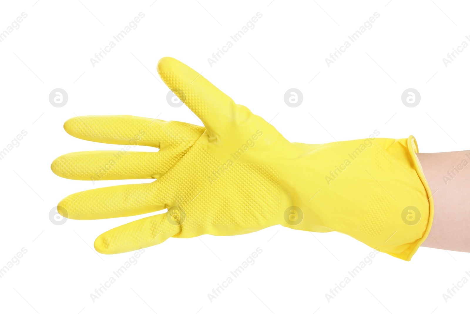 Photo of Person in rubber glove on white background, closeup of hand