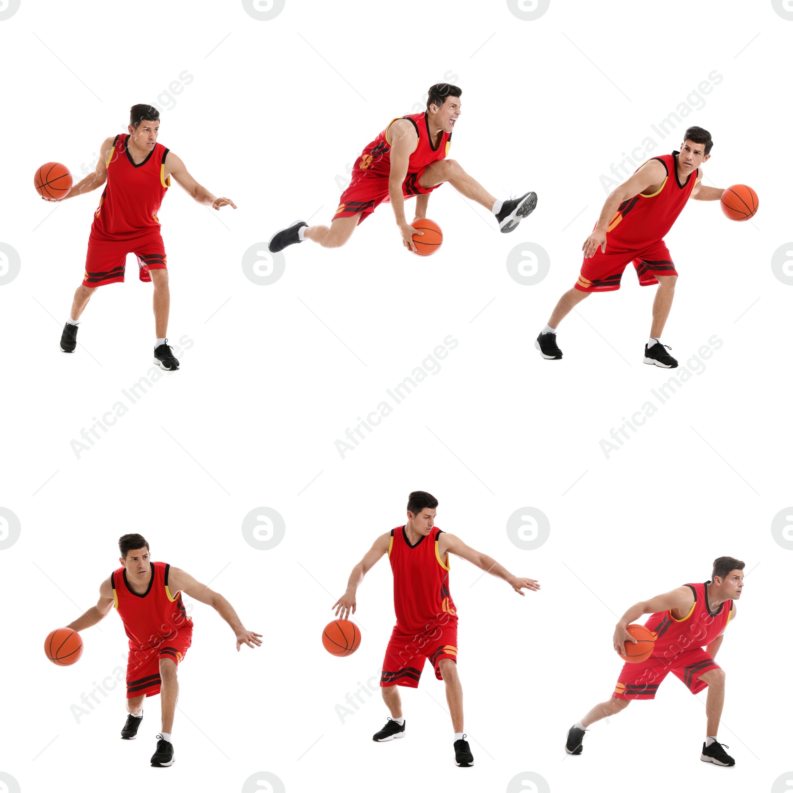 Image of Professional sportsman playing basketball on white background, collage